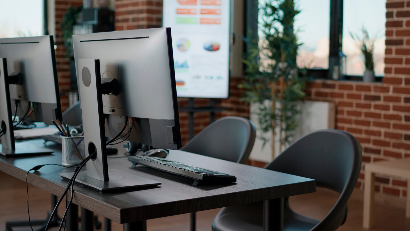 No people in customer support service office with computers